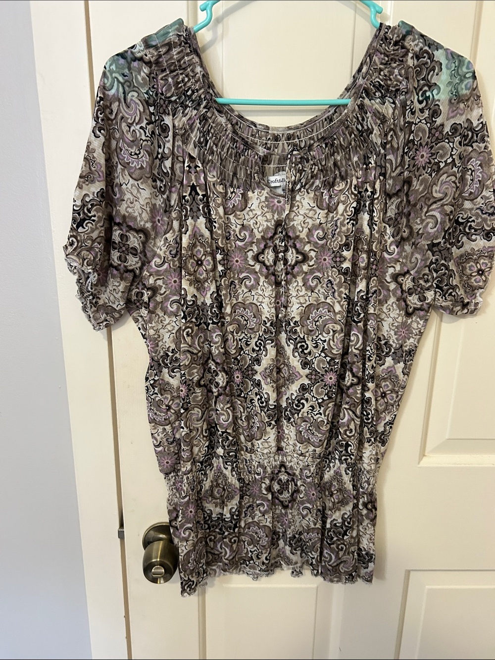 croft & barrow Taupe, Black & Soft Pink Smocked-Neck Paisley Tunic